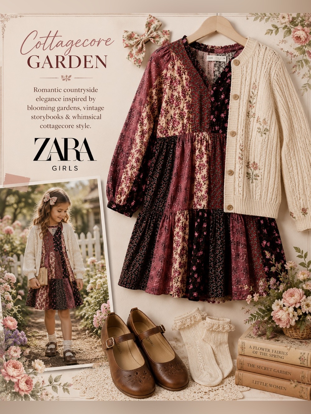 Zara Girls Patchwork Floral Prairie Boho Babydoll Dress Size 9 134 Western B9 - Picture 2 of 9